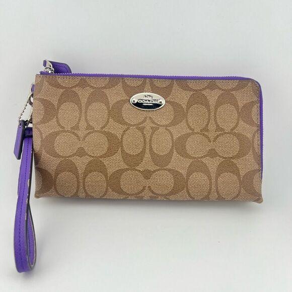 Coach Double Zip Wallet In Signature F16109 Khaki/ Purple Wristlet - Picture 1 of 11